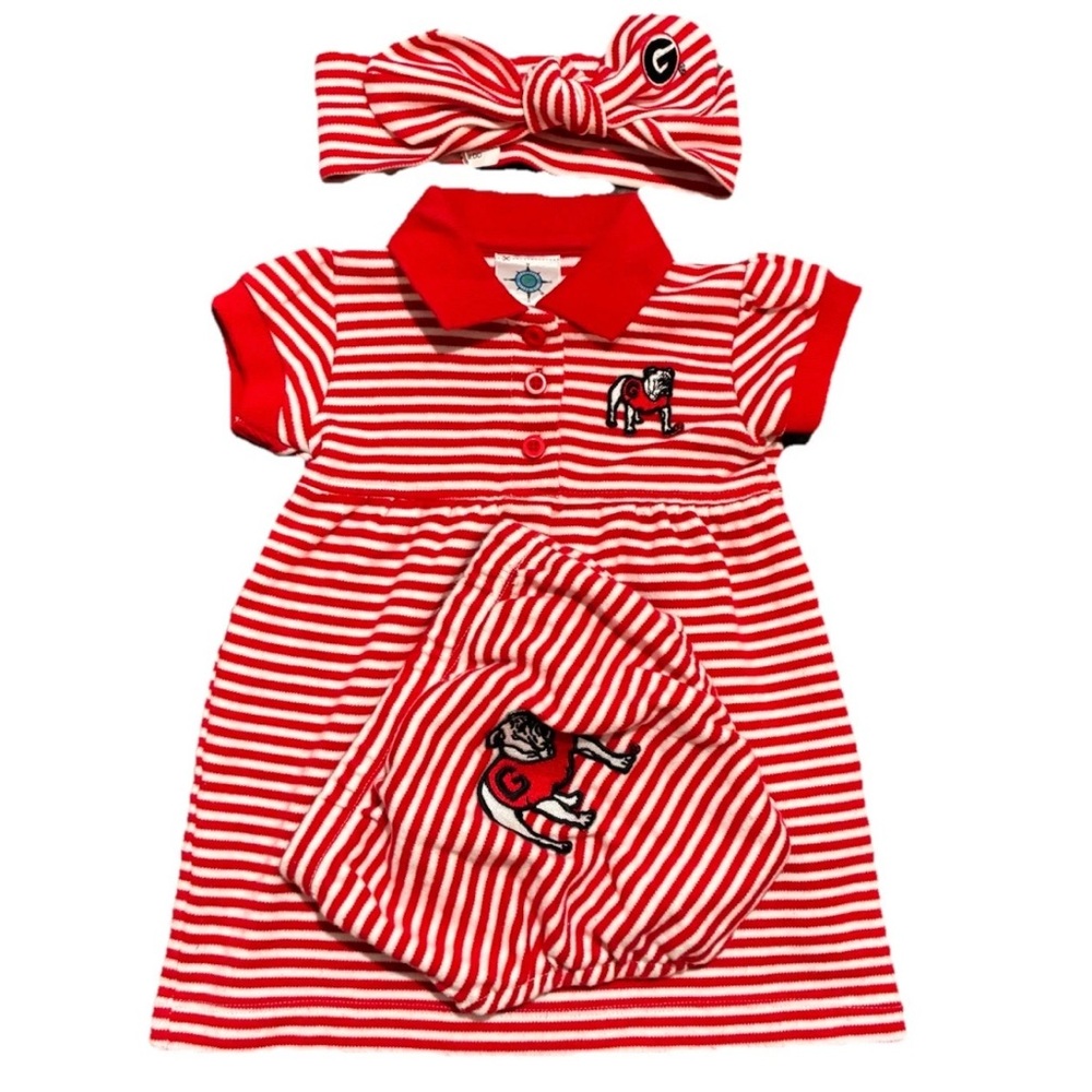 Georgia Bulldogs Infant Stripped Polo Dress with Matching Bloomers and Headband
